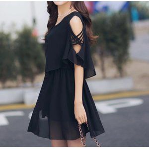 Cap Sleeve Cold-Shoulder Plain A-Line Chiffon Dress